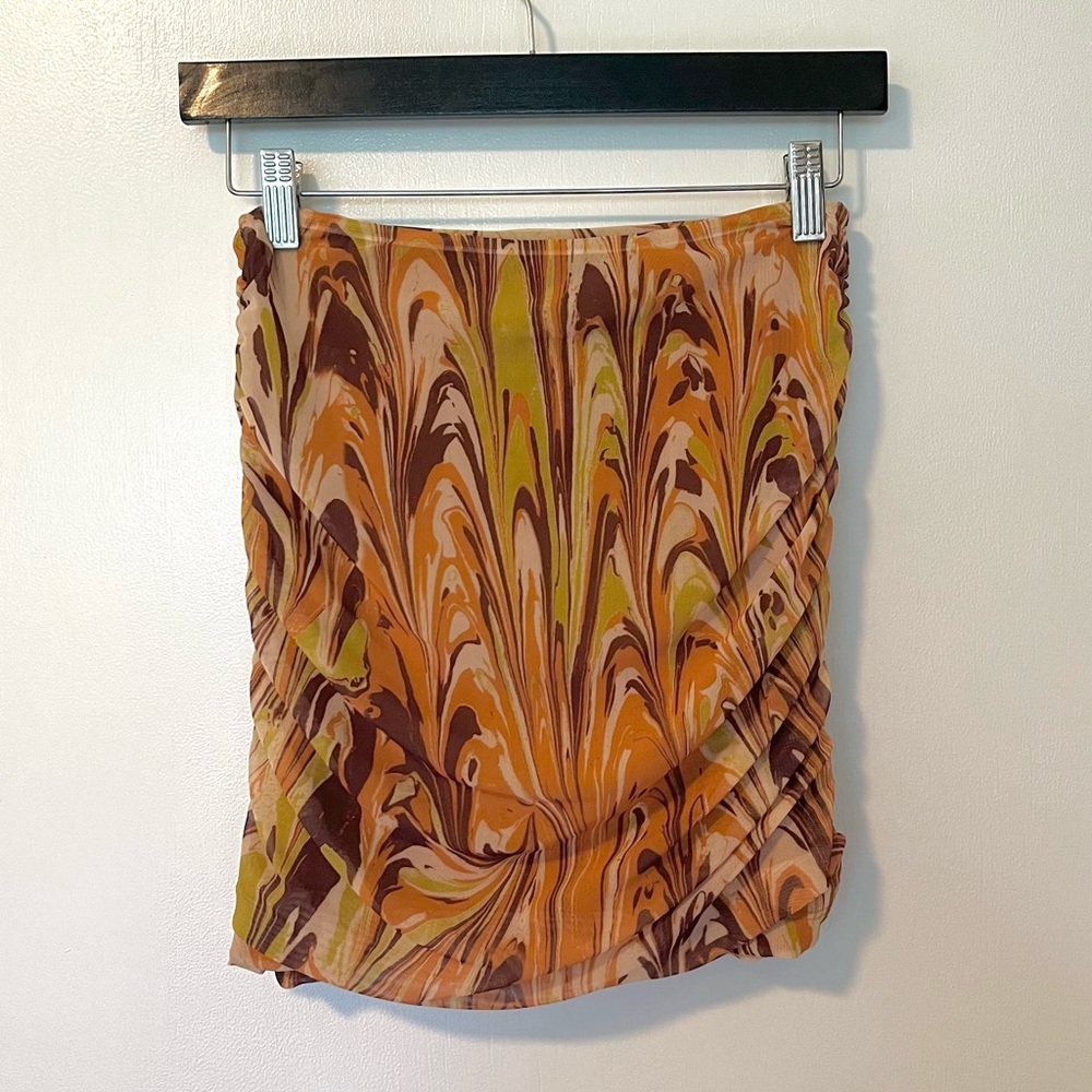 Urban Outfitters Ruched Marble Print Mesh Mini Skirt Tan Multi